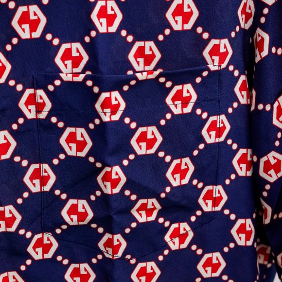Gucci Navy and Red Monogram Silk Shirt - Picture 7 of 16